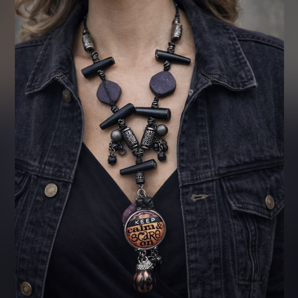 Boho Statement Necklace “Keep Calm & Scare On” | Funky Halloween Charm Necklace